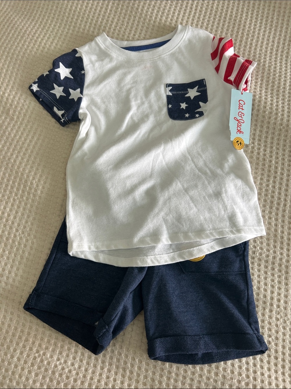 Cat & Jack White Tee with Navy Star Pocket & Patriotic Sleeves
